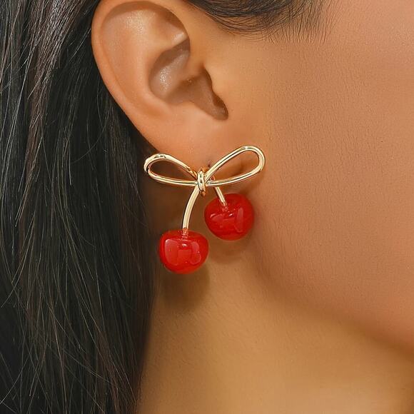 NEW Coquette Gold Bow Stud Earrings with Cherry, y2k jewelry, Cherry jewelry - Picture 1 of 4